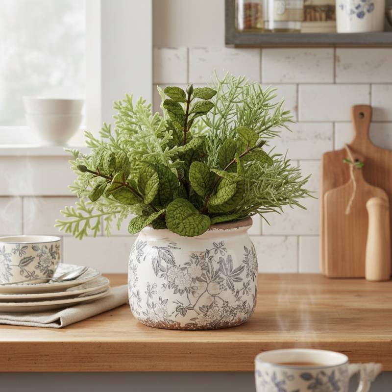 Allstate Floral 8.5" Mixed Herb Artificial Plant with Ceramic Vase - Green