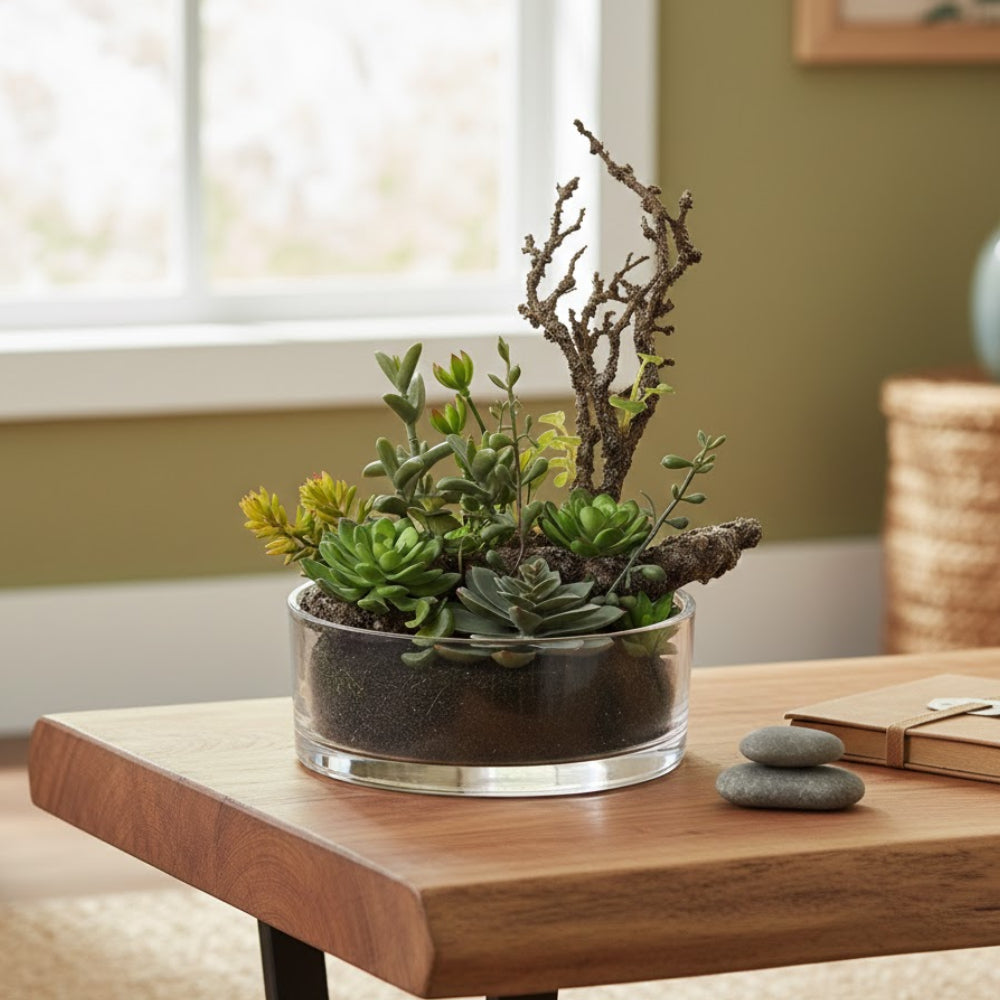 Allstate Floral 12.5" Succulent Artificial Plant with Glass Vase - Green