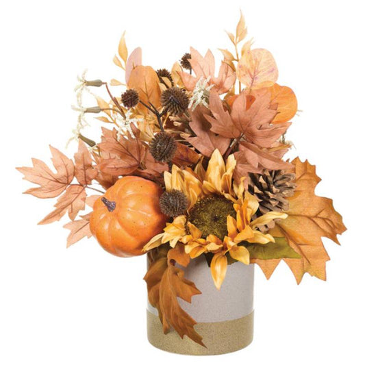 Allstate Floral 13" Sunflower, Pumpkin And Pinecone Artificial Flower Arrangement with Ceramic Vase - Orange