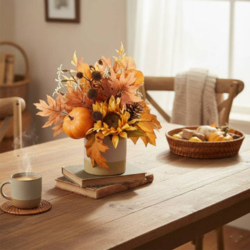 Allstate Floral 13" Sunflower, Pumpkin And Pinecone Artificial Flower Arrangement with Ceramic Vase - Orange