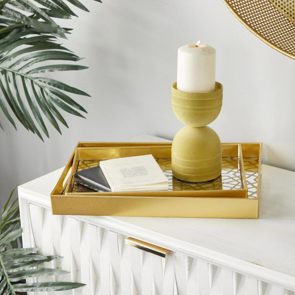 Decor Mache Mirrored Geometric (2 Pieces) Tray Set - Gold