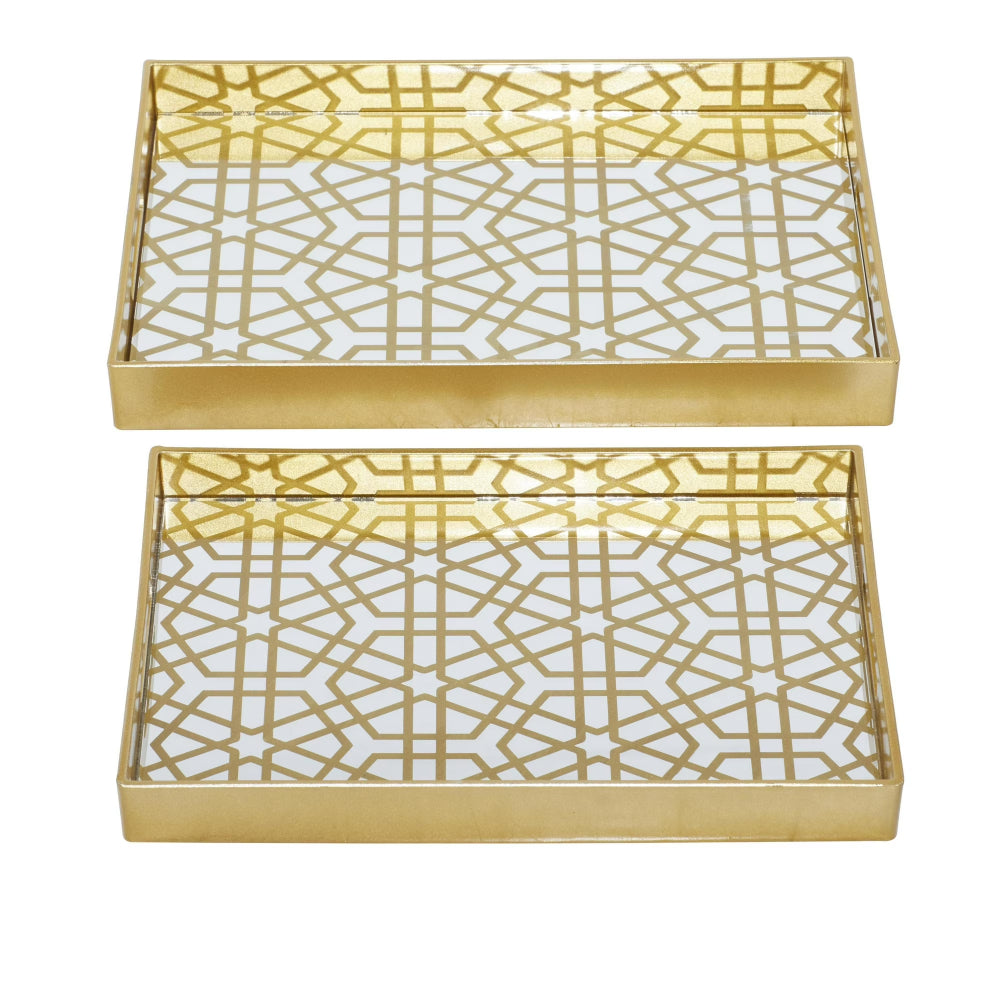 Decor Mache Mirrored Geometric (2 Pieces) Tray Set - Gold