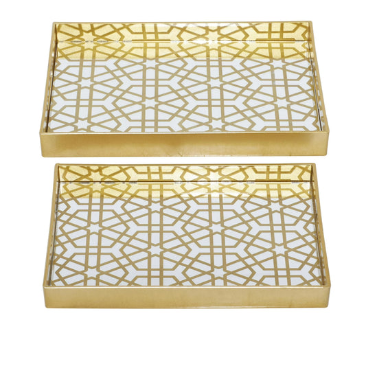 Decor Mache Mirrored Geometric (2 Pieces) Tray Set - Gold