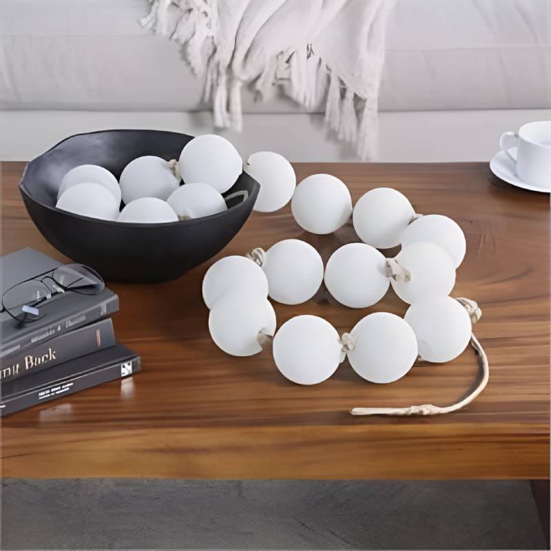 Decor Mache Round Extra Long Frosted Orb Beaded Garland with Knotted Jute Rope