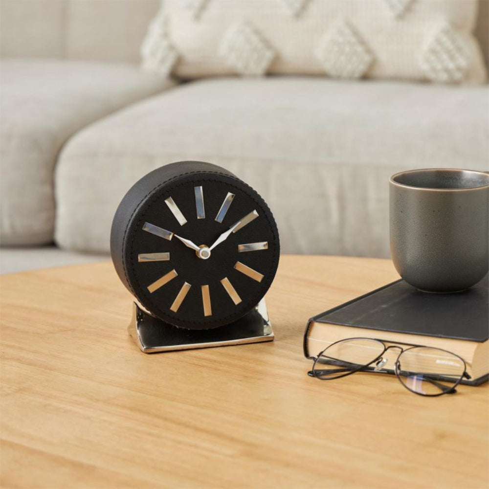 Decor Mache Round Decorative Clock with Rectangular Base - Black/Silver