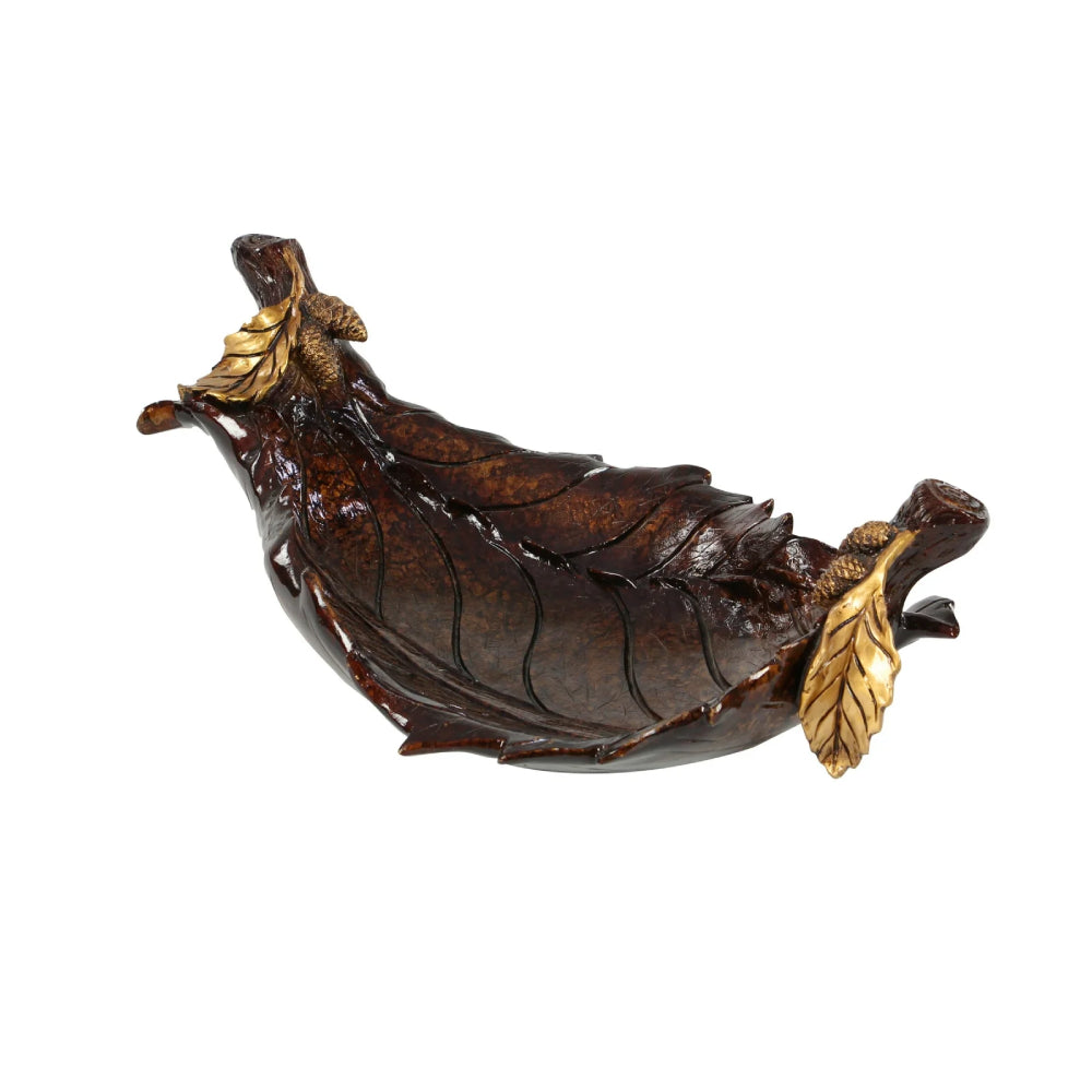 Decor Mache 12" Oval Intricate Carved Leaf Decorative Bowl - Brown