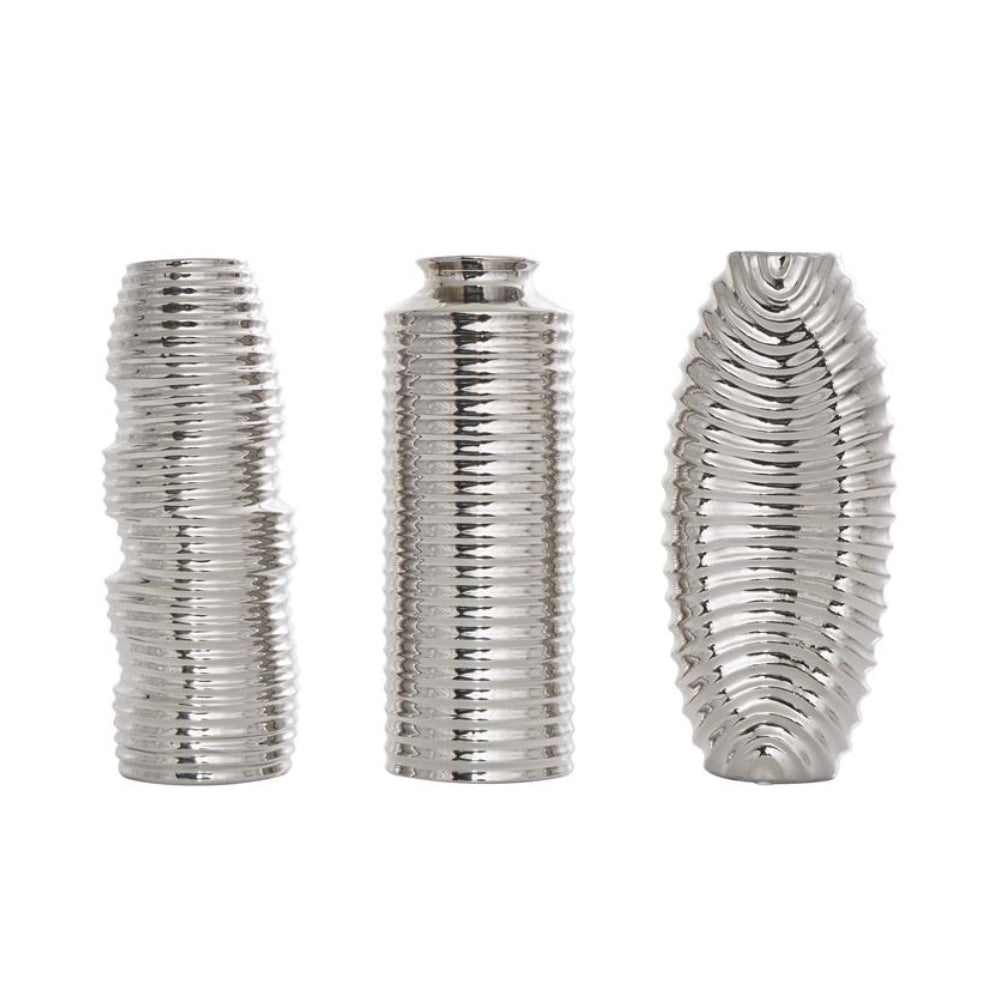 Decor Mache Ribbed Decorative Vase (Set of 3) - Silver