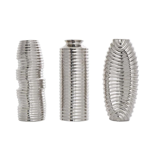 Decor Mache Ribbed Decorative Vase (Set of 3) - Silver