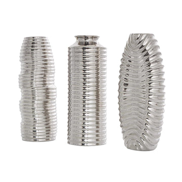 Decor Mache Ribbed Decorative Vase (Set of 3) - Silver