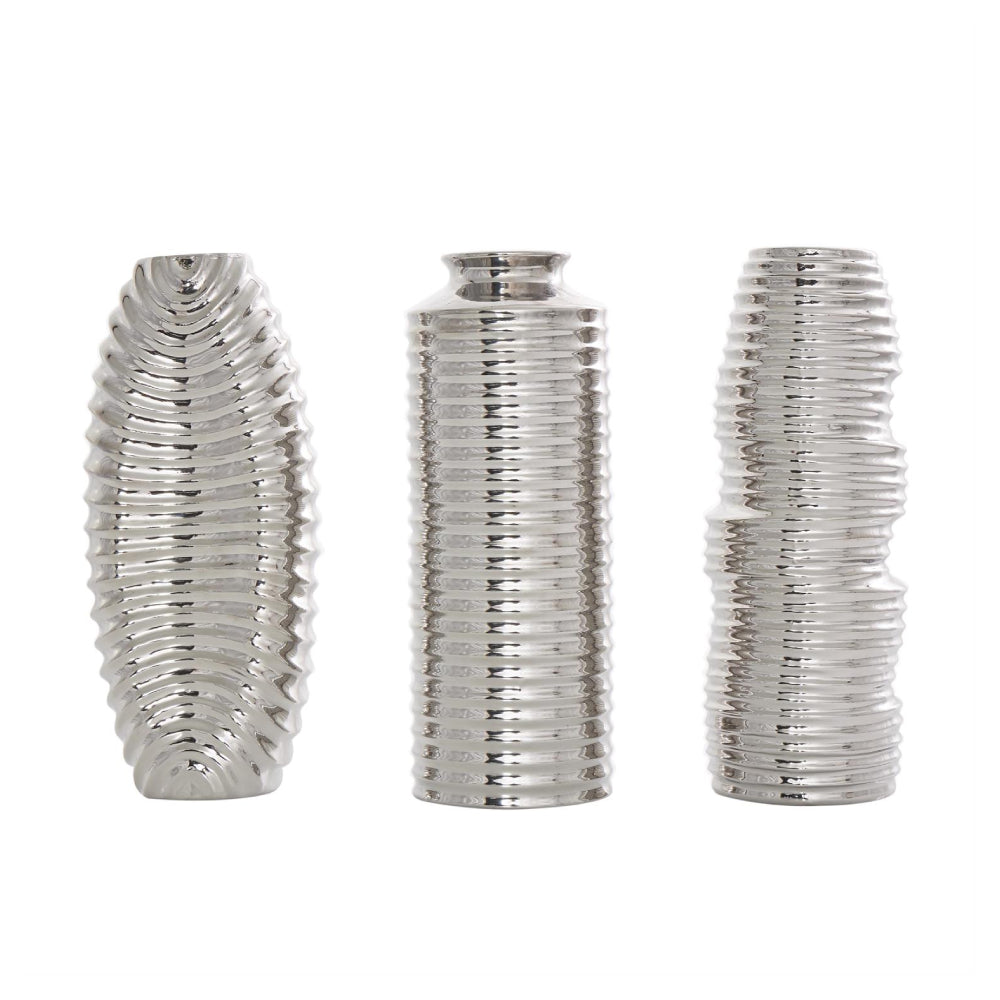 Decor Mache Ribbed Decorative Vase (Set of 3) - Silver