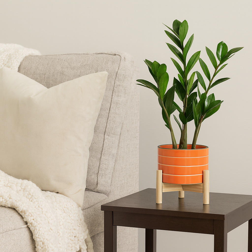 Sagebrook Home Ceramic 6" Striped Planter with Wood Stand - Orange