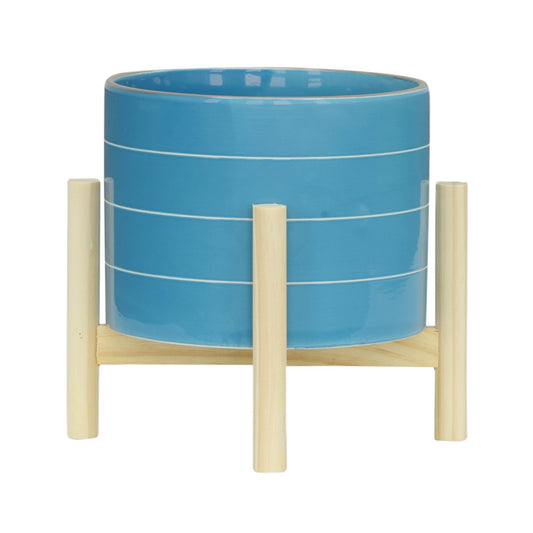 Sagebrook Home
 8" Striped Planter with Wood Stand - Sky Blue