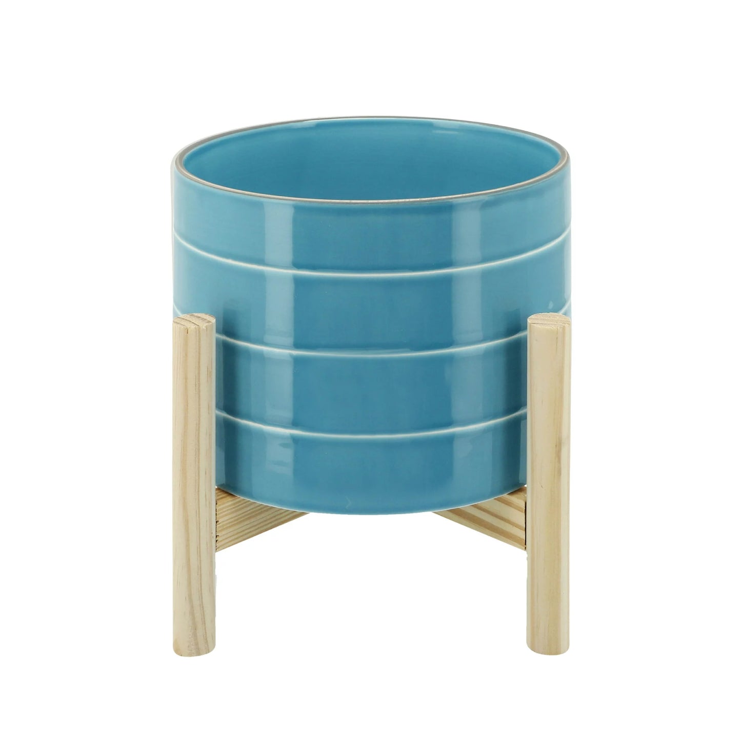 Sagebrook Home
 8" Striped Planter with Wood Stand - Sky Blue