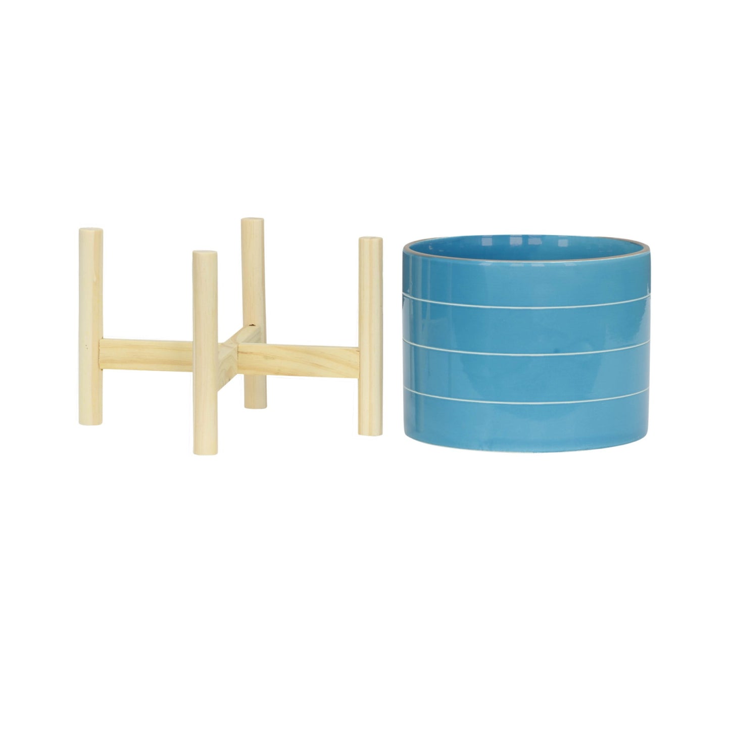 Sagebrook Home
 8" Striped Planter with Wood Stand - Sky Blue