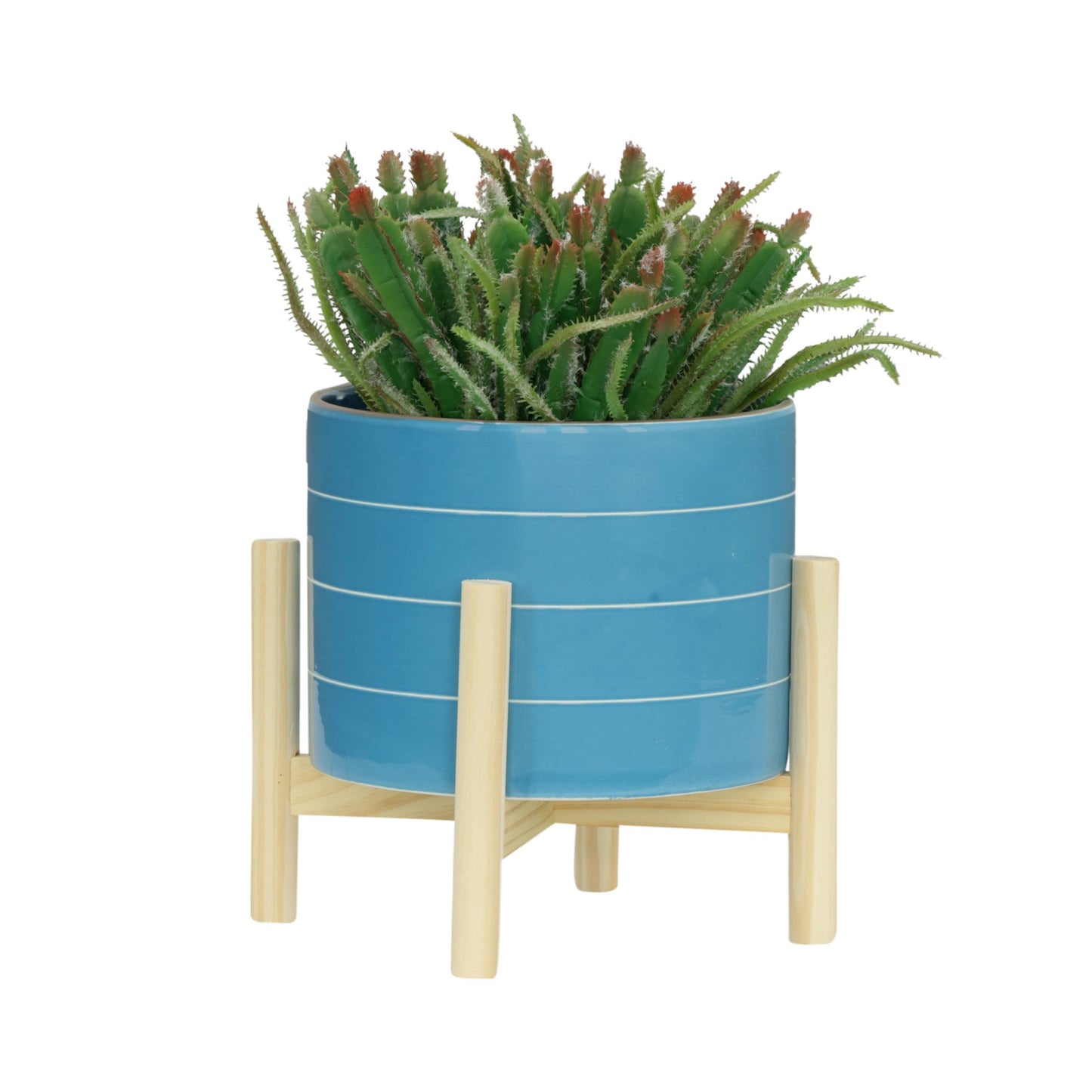 Sagebrook Home
 8" Striped Planter with Wood Stand - Sky Blue