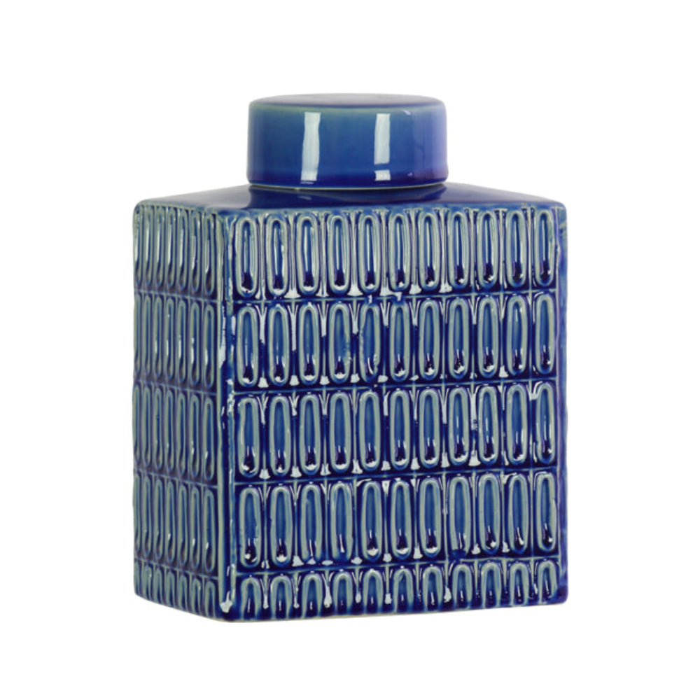 Urban Trends Collection 104 oz Rectangle Glass Jar with Lid & Embossed Oval Patterns - Royal Blue
