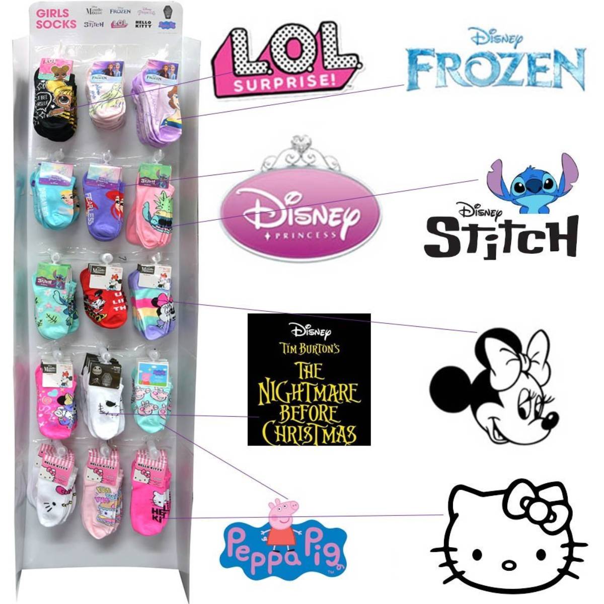Assortment Licensed Character Girl's Socks with Printed Header - Assorted