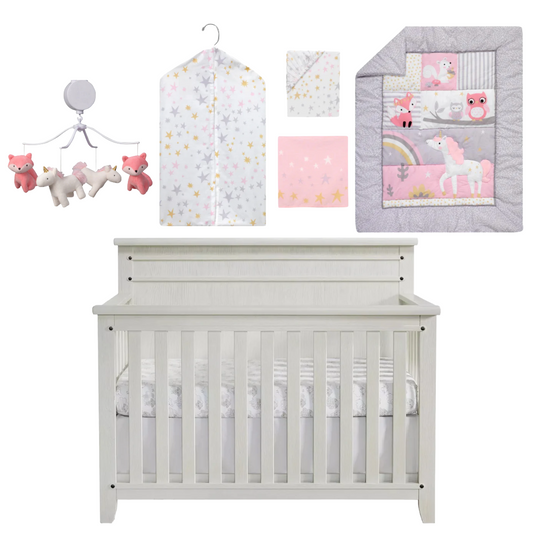 Bundle: Soho Baby Ellison Rustic White 4-in-1 Convertible Crib + Bedtime Originals Rainbow Unicorn and Fox Musical Baby Crib Mobile + Bedding Set + Diaper Stacker