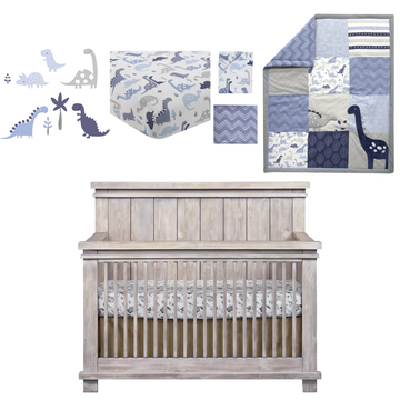 Bundle: Soho Baby Hampton Stone Wash 4-in-1 Convertible Crib + Bedtime Originals Roar Dinosaur Wall Decals + Crib Bedding Set (3 Pieces) + Fitted Crib Sheet