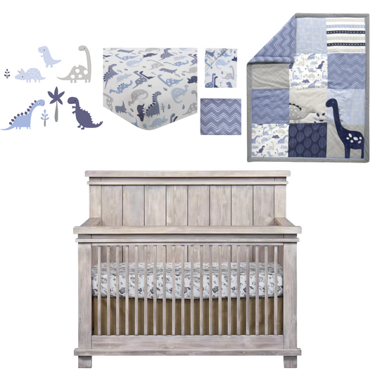 Bundle: Soho Baby Hampton Stone Wash 4-in-1 Convertible Crib + Bedtime Originals Roar Dinosaur Wall Decals + Crib Bedding Set (3 Pieces) + Fitted Crib Sheet