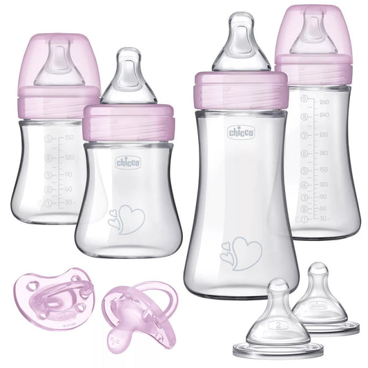 Chicco Duo Newborn Hybrid Baby Bottle Gift Set with Invinci-Glass Inside/Plastic Outside (8-piece) - Pink