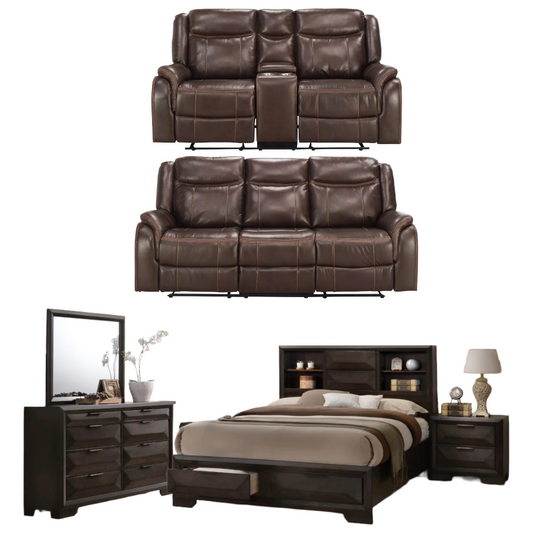 Bundle: Catarina Collection Sofa and Loveseat Recliners + Brooke Queen Bedroom Set
