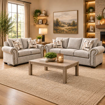 Marbella Sofa & Loveseat with Nailheads by Arelys Furniture - Light Brown