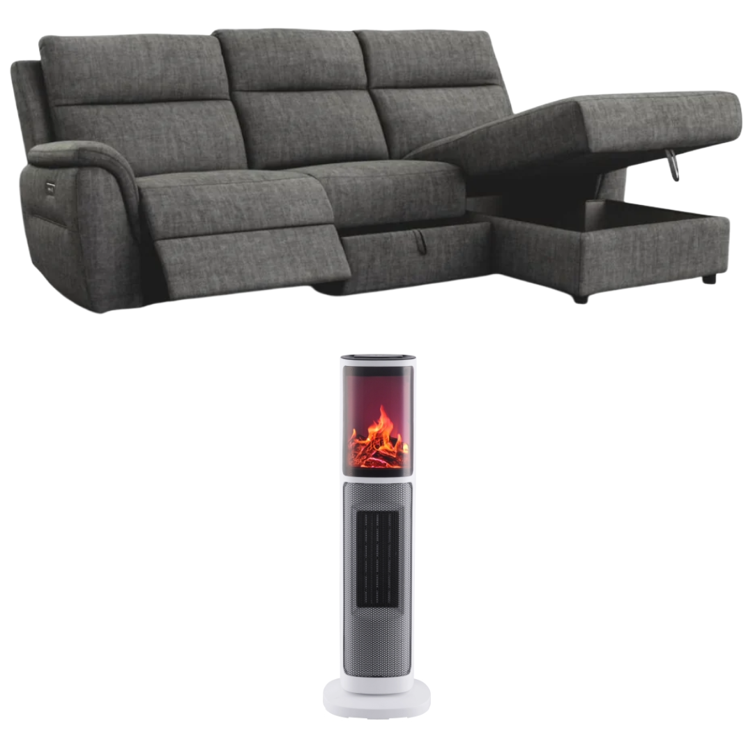 Bundle: Jakeem Sofa Chaise with Storage + Toscana KPT-1608F 26.7" Tower Electric Space Heater