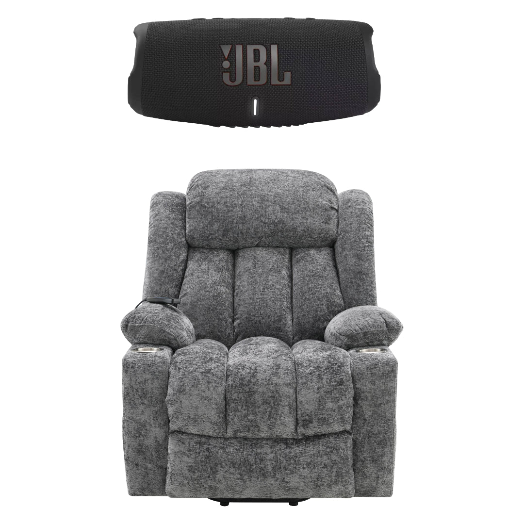 Paquete: Sillón reclinable eléctrico Orion gris con elevación, masaje y calefacción + altavoz Bluetooth portátil JBL Charge 5 con batería externa incorporada