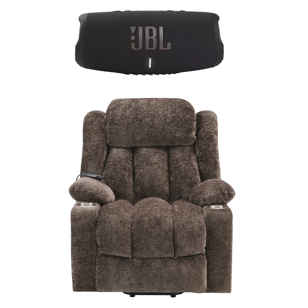 Paquete: sillón reclinable eléctrico Orion Brown con elevación, masaje y calefacción + altavoz Bluetooth portátil JBL Charge 5 con batería externa incorporada