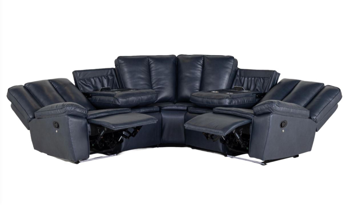 Kara Dark Blue Sectional Set  W/ Drop Down Table And Power Strip W/ Wireless Charge And Led Light