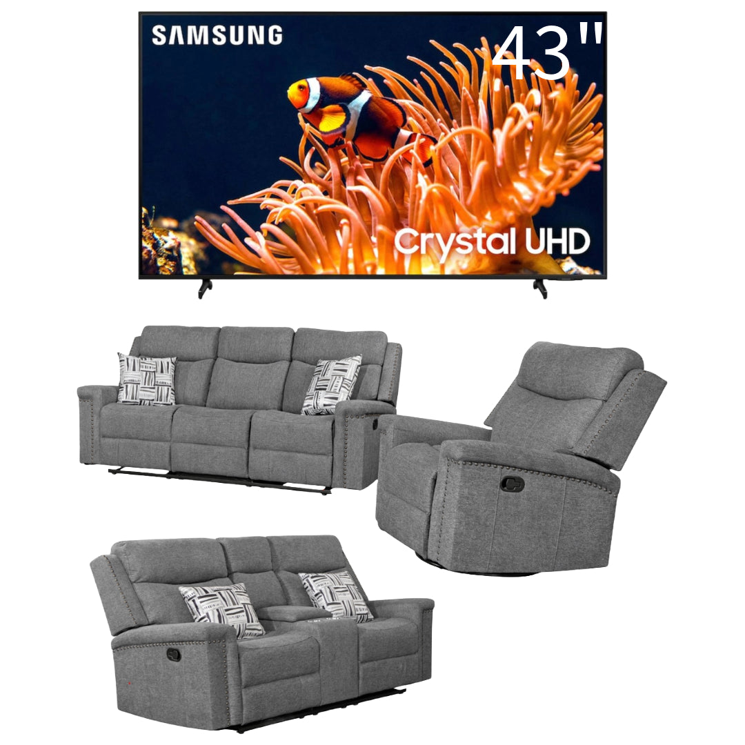 Paquete: sofá, loveseat y sillón reclinable de Best Home en color gris + televisor inteligente Samsung 43" Class DU8000 LED 4K UHD Tizen