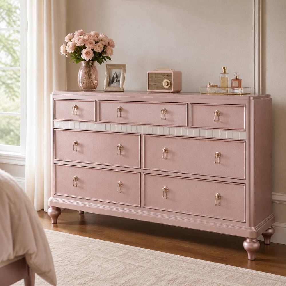 Ariston Dresser with 7 Drawers by Furniture of America - Pink