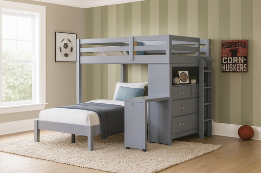 Youth Explorer Twin over Full Loft Bunk Bed with Chest and Hidden Desk by Homelegance - Gray