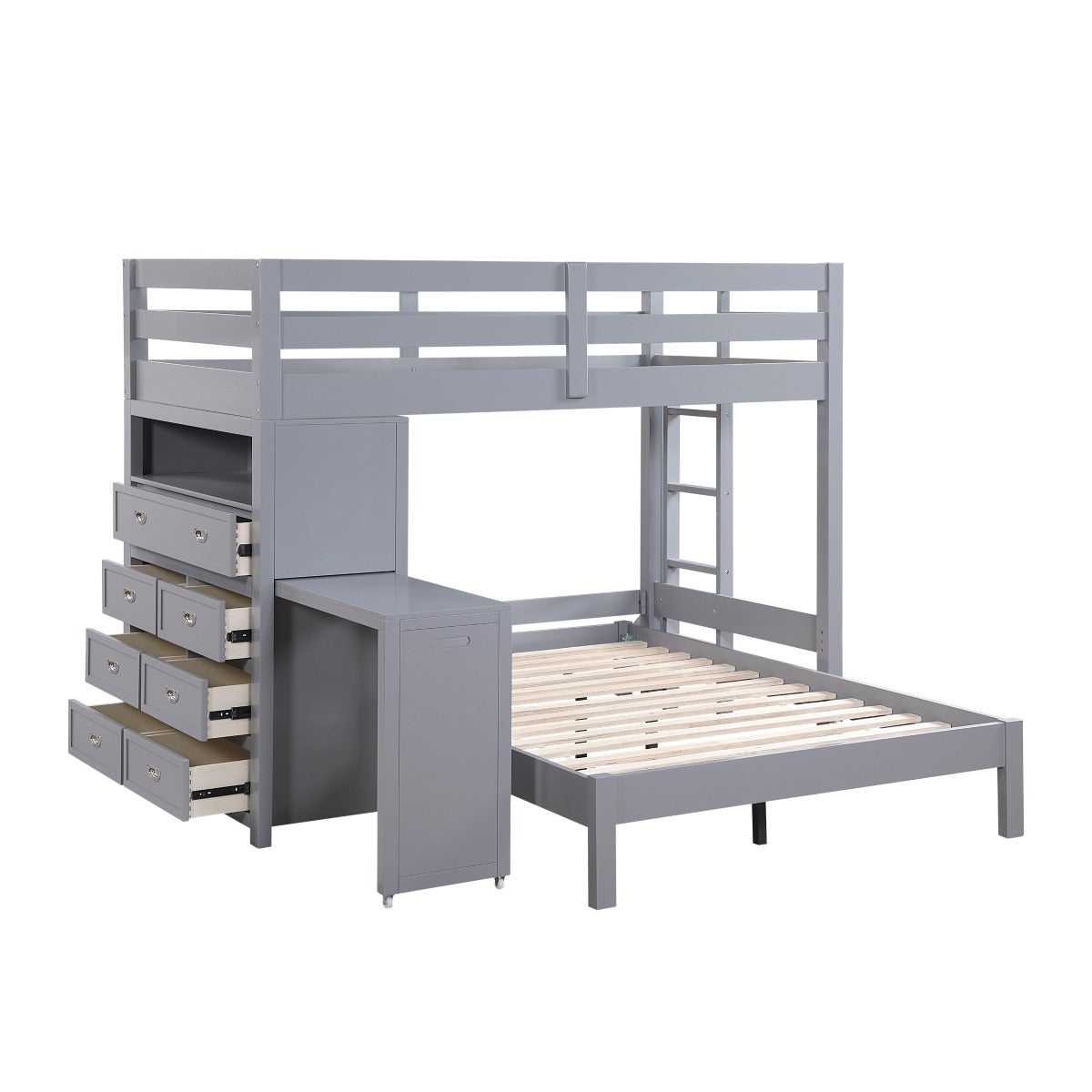 Youth Explorer Twin over Full Loft Bunk Bed with Chest and Hidden Desk by Homelegance - Gray