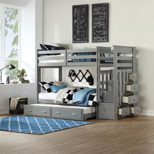 Allentown Twin Over Twin Bunk Bed with Storage Ladder and Trundle by Acme Furniture - Gray