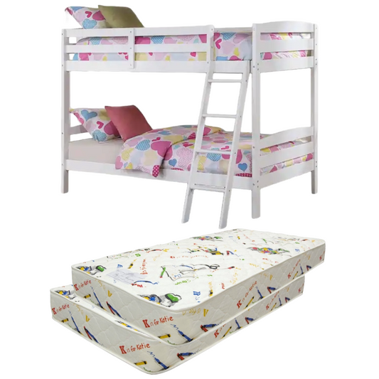 Bundle: Candy White Twin Over Twin Bunk Bed + 2 SilverRest Kids Paint Twin Size Mattress