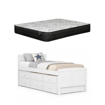 Akita Twin Size Trundle Bed by Lifestyle - White + Astoria 9" Pocket Coil Twin Mattress by Comfort Bedding