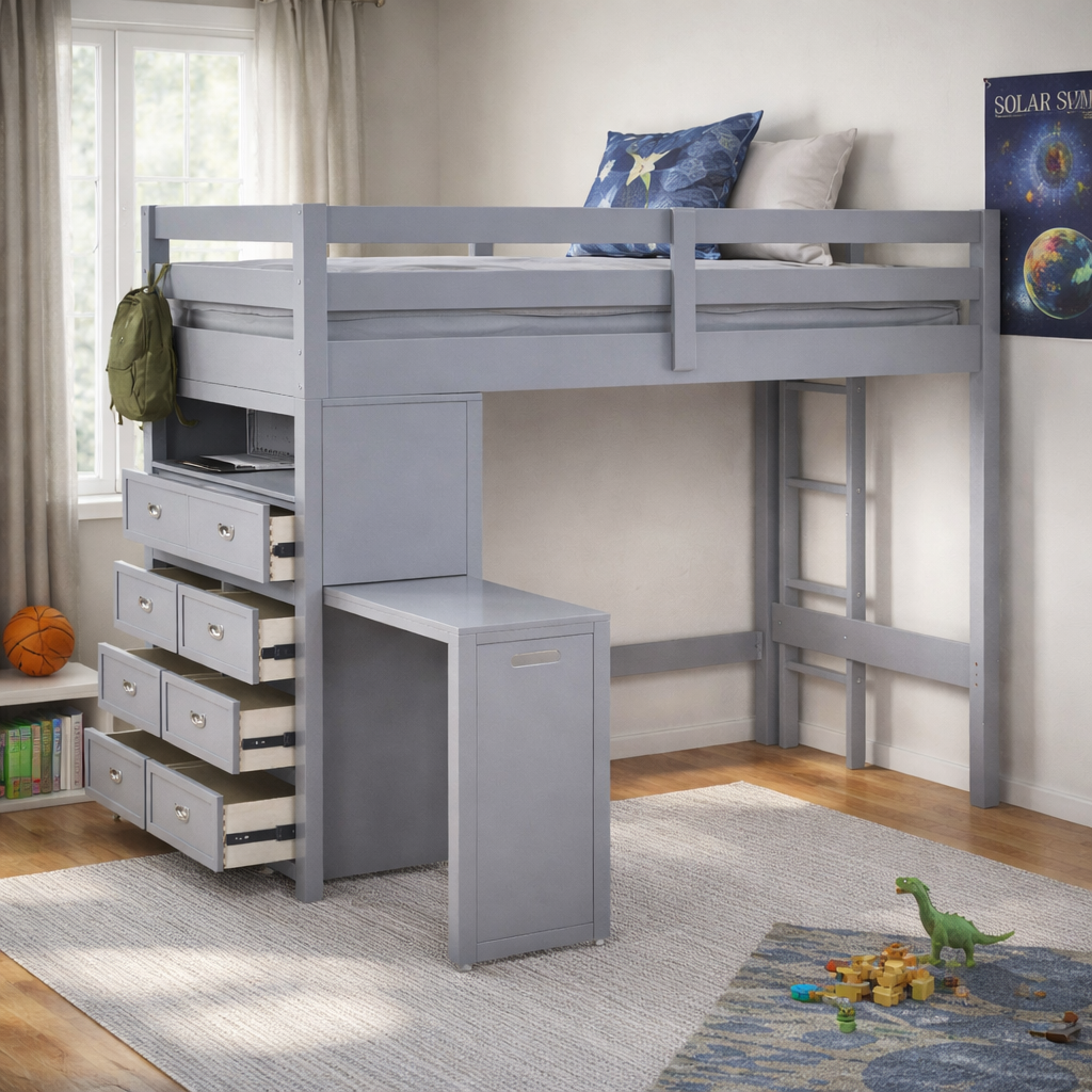 Youth Explorer Twin Loft Bunk Bed with Chest and Hidden Desk by Homelegance - Gray