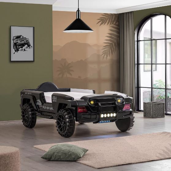 Twin Faux Leather Upholstered Off-Road SUV Bed with Light and Sound Functions - Black