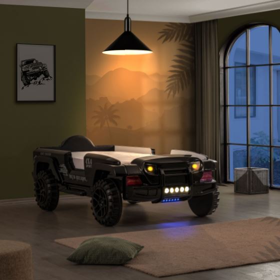 Twin Faux Leather Upholstered Off-Road SUV Bed with Light and Sound Functions - Black