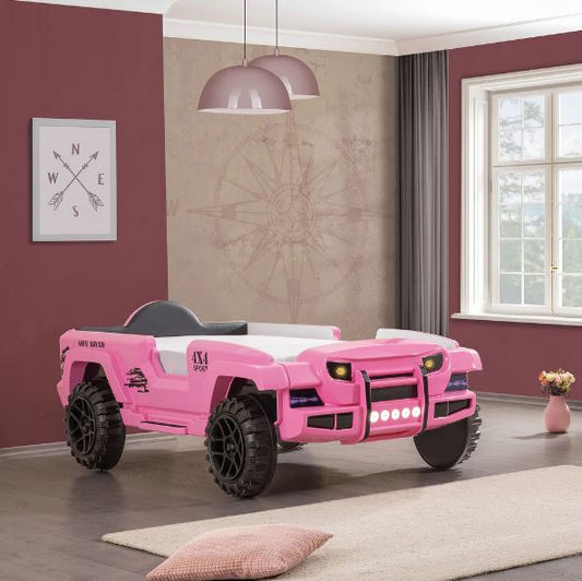 Twin Faux Leather Upholstered Off-Road SUV Bed with Light and Sound Functions - Pink