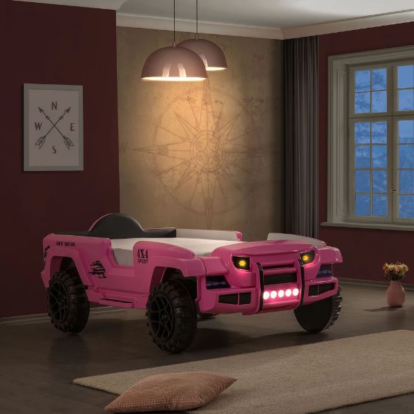 Twin Faux Leather Upholstered Off-Road SUV Bed with Light and Sound Functions - Pink