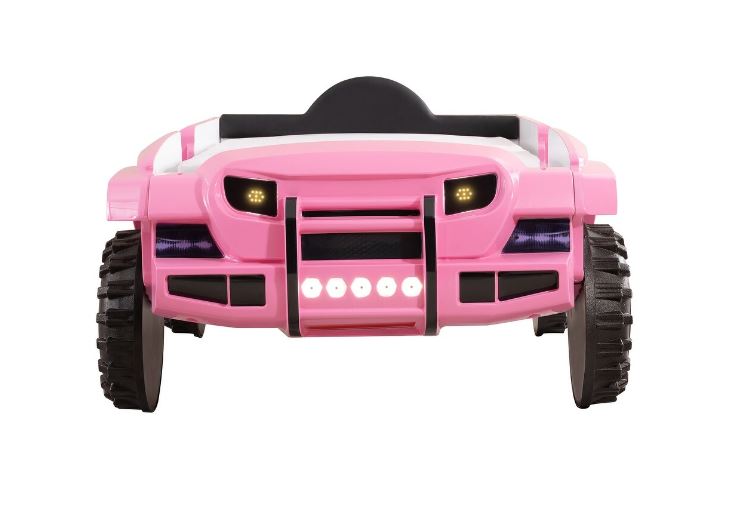 Twin Faux Leather Upholstered Off-Road SUV Bed with Light and Sound Functions - Pink