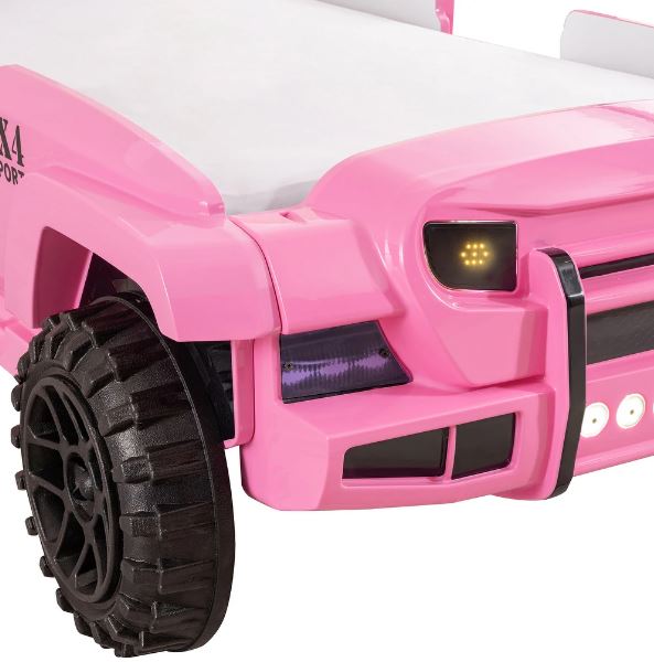 Twin Faux Leather Upholstered Off-Road SUV Bed with Light and Sound Functions - Pink