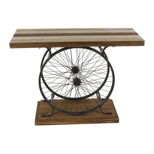 Wood Wide Slatted Top Console Table with Dual Wheel Frame by UMA Enterprises