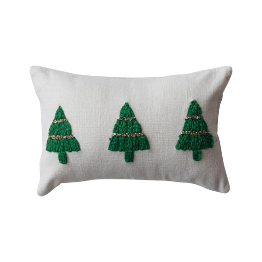 Creative Co-op Pillow with Embroidered Christmas Trees and Beads - White/Green