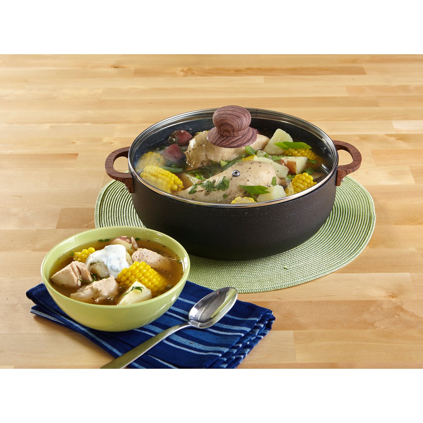 IMUSA 4.4 Quart Speckled PTFE Non-Stick Caldero with Glass Lid and Wood Look Handles - Black