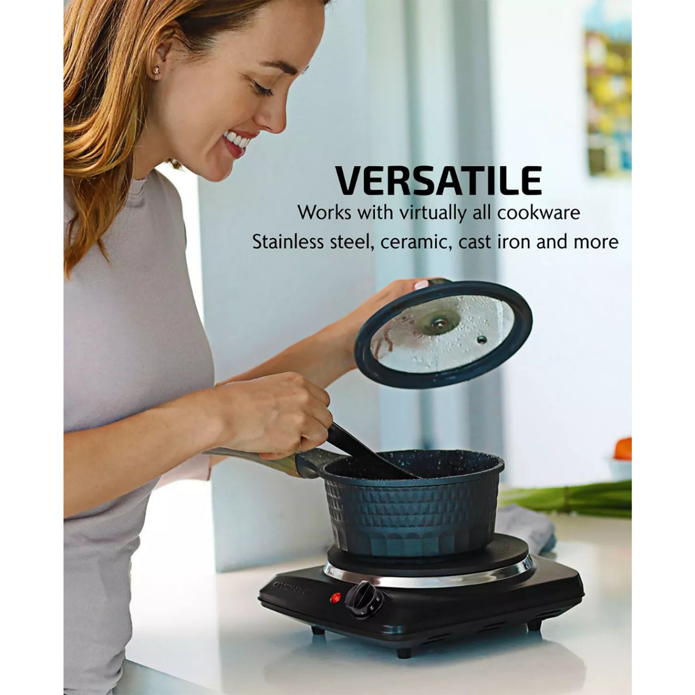 Ovente Electric Cast-Iron Burner with Adjustable Temperature Control and Indicator Light - Black