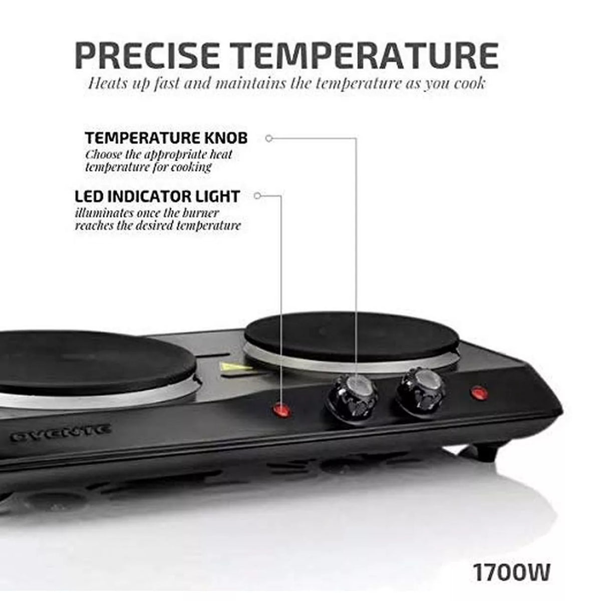 Quemador doble eléctrico de hierro fundido Ovente con perilla de temperatura - Negro